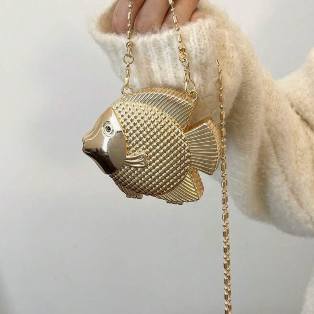Small Gold Fish Statement Bag – Coastal Charm Meets Golden Elegance